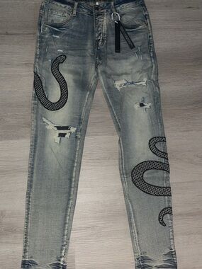 AMIRI Distressed Snake Patch Skinny Jeans - Size 33